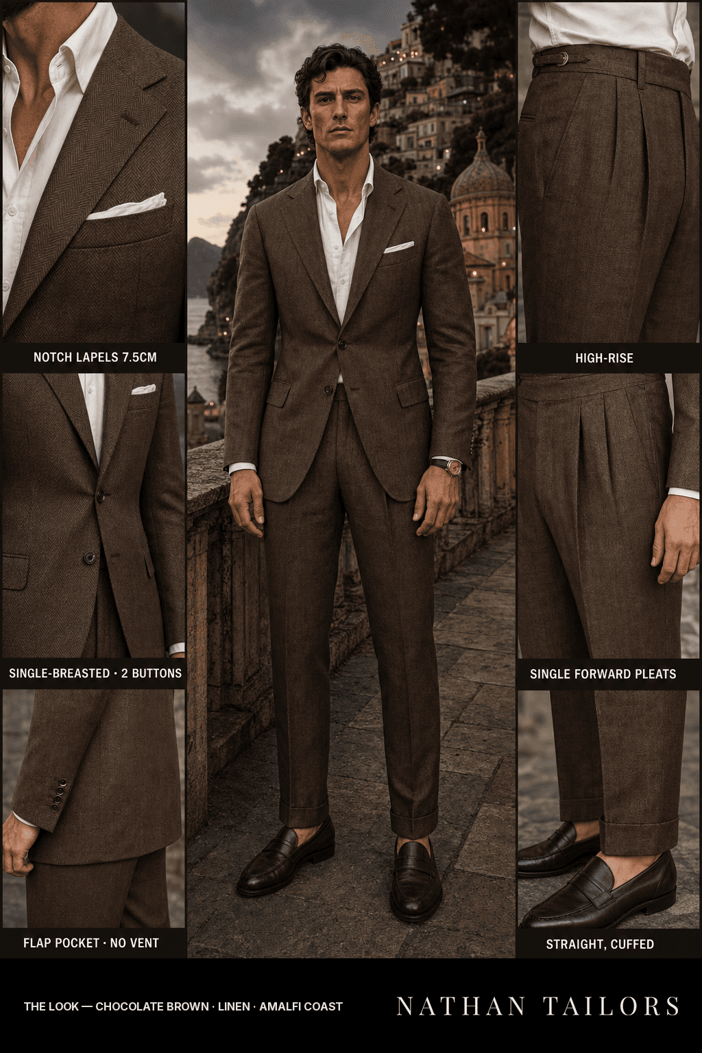 chocolate brown herringbone single-breasted bespoke suit — custom tailored by Nathan Tailors, the Hoi An custom tailor
