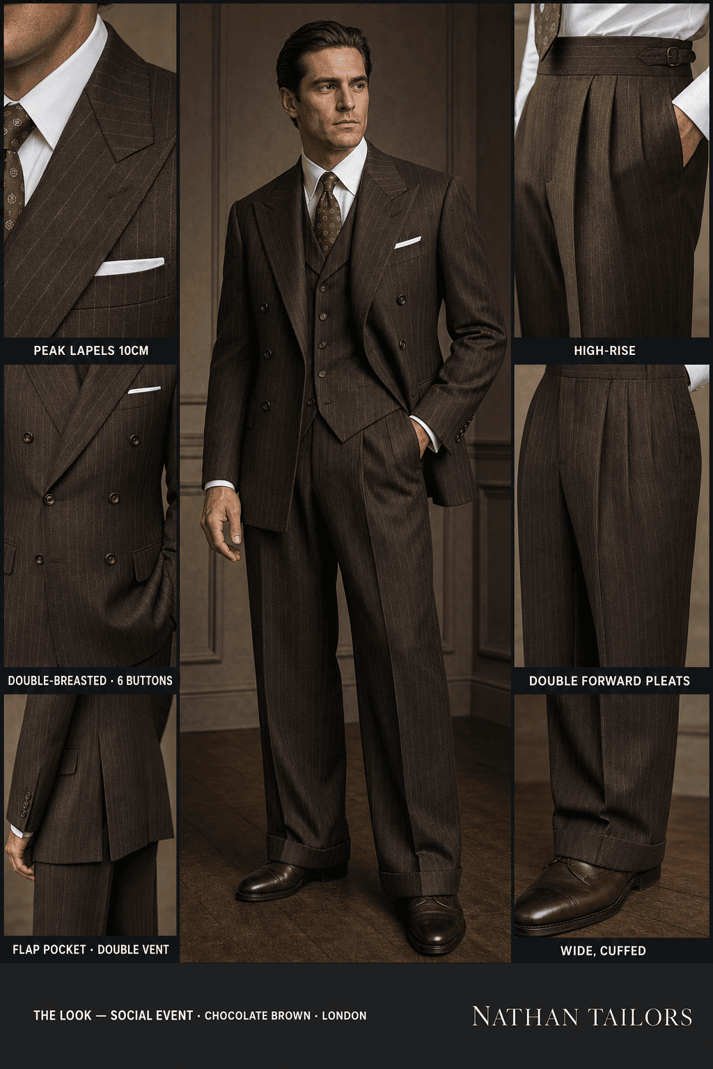 chocolate brown pinstripe double-breasted bespoke suit — custom tailored by Nathan Tailors, the Hoi An custom tailor