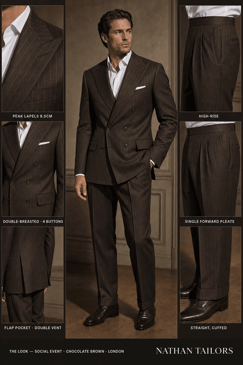 chocolate brown pinstripe double-breasted peak-lapel bespoke suit — AI-rendered by Nathan Tailors, the Hoi An custom tailor. Available as a custom tailored suit from $129.