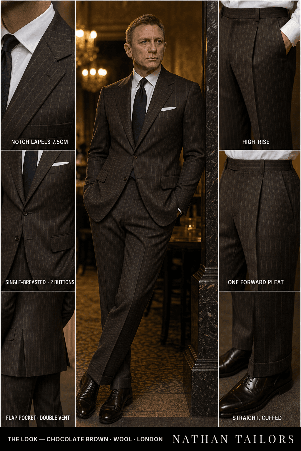 chocolate brown pinstripe single-breasted notch-lapel bespoke suit — AI-rendered by Nathan Tailors, the Hoi An custom tailor. Available as a custom tailored suit from $149.
