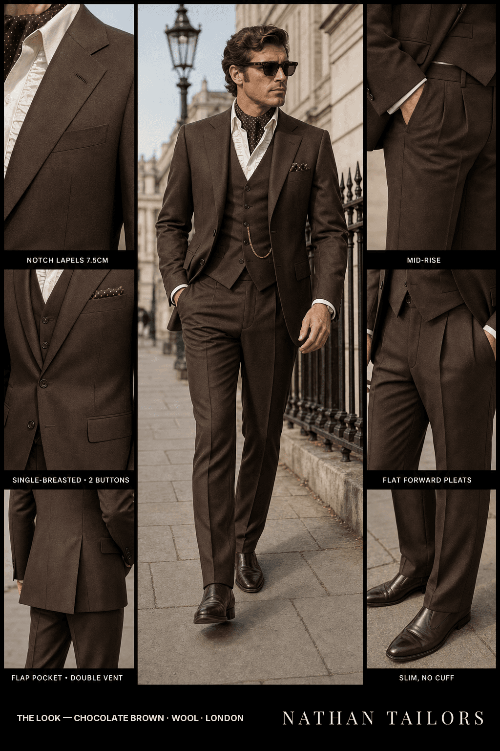 chocolate brown single-breasted bespoke suit — custom tailored by Nathan Tailors, the Hoi An custom tailor