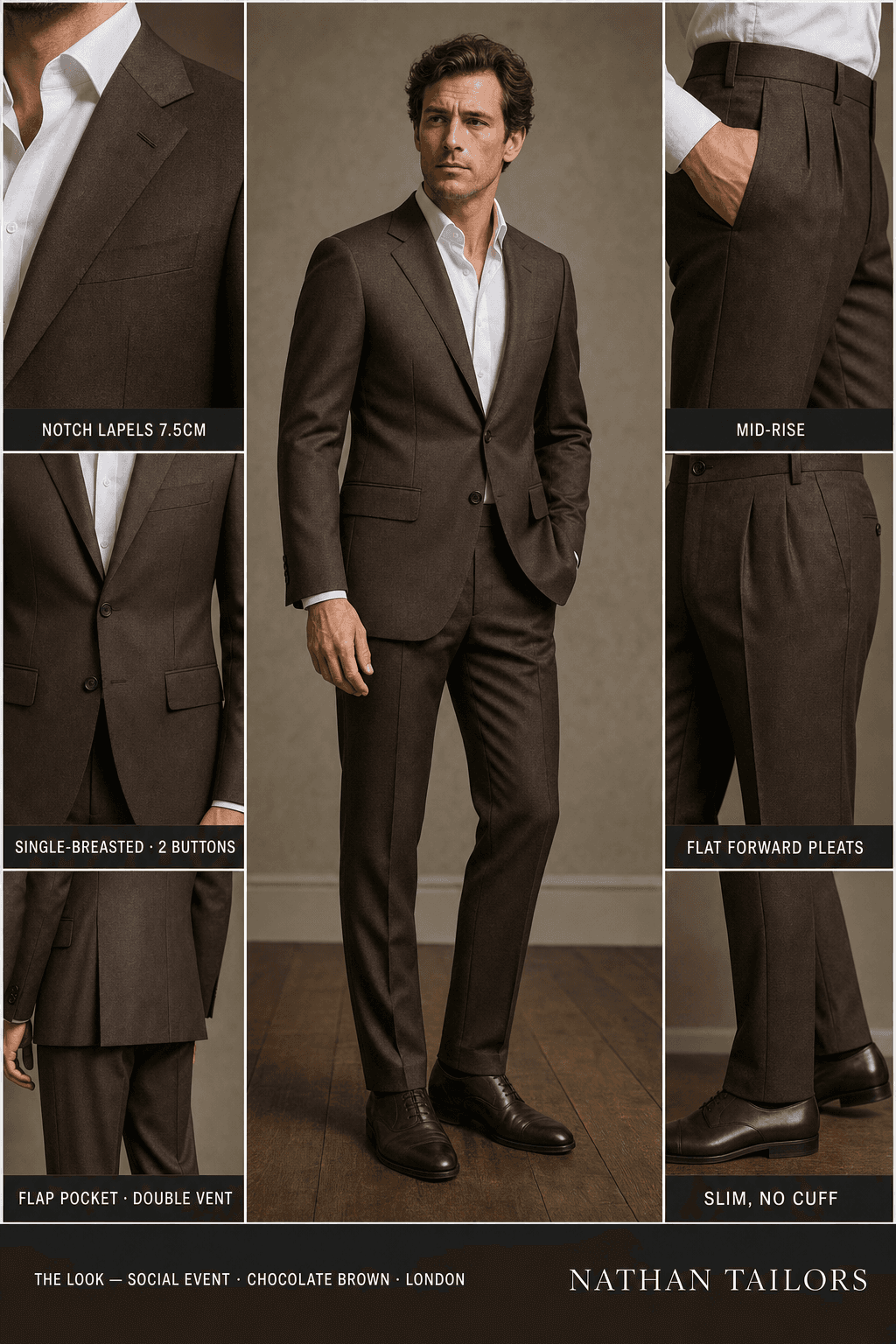chocolate brown single-breasted notch-lapel bespoke suit — AI-rendered by Nathan Tailors, the Hoi An custom tailor. Available as a custom tailored suit from $129.