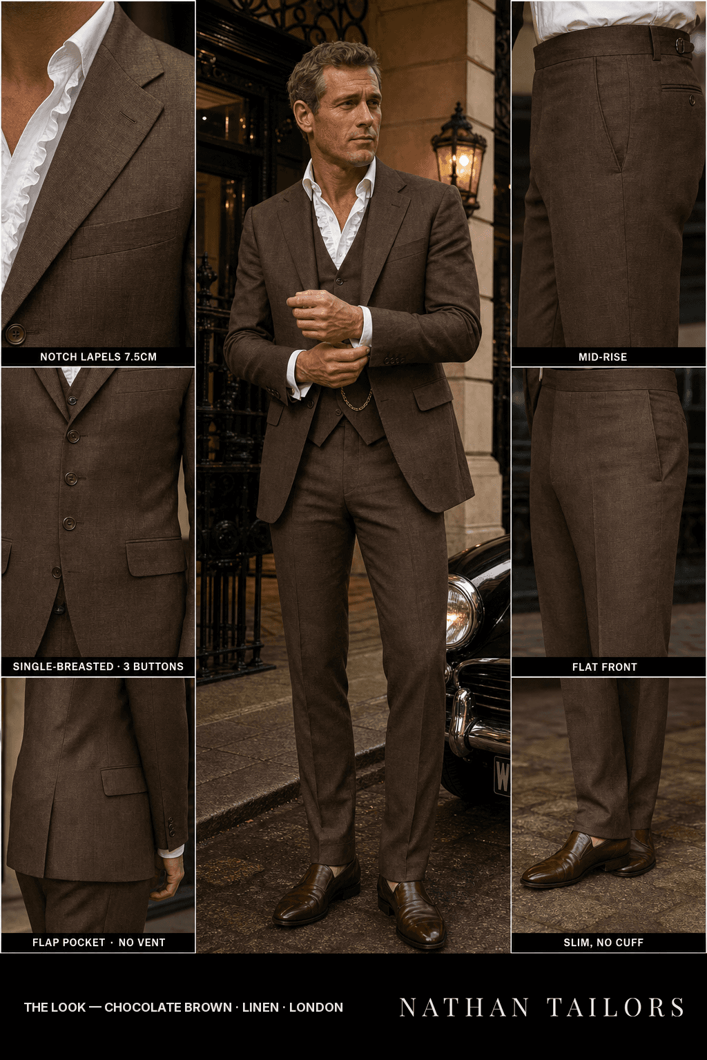 chocolate brown single-breasted notch-lapel bespoke suit — AI-rendered by Nathan Tailors, the Hoi An custom tailor. Available as a custom tailored suit from $149.
