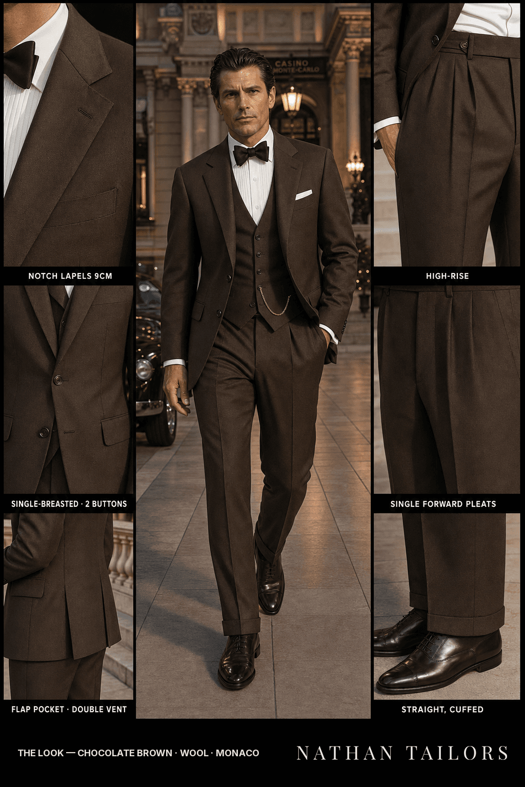 chocolate brown single-breasted bespoke suit — custom tailored by Nathan Tailors, the Hoi An custom tailor