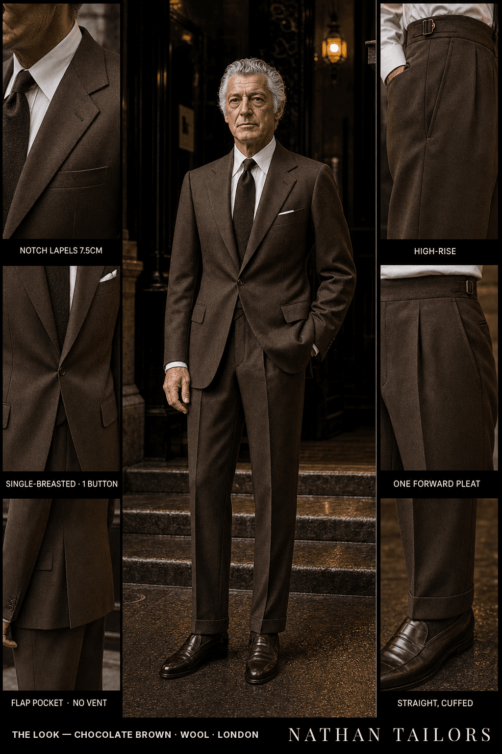 chocolate brown single-breasted notch-lapel bespoke suit — AI-rendered by Nathan Tailors, the Hoi An custom tailor. Available as a custom tailored suit from $149.