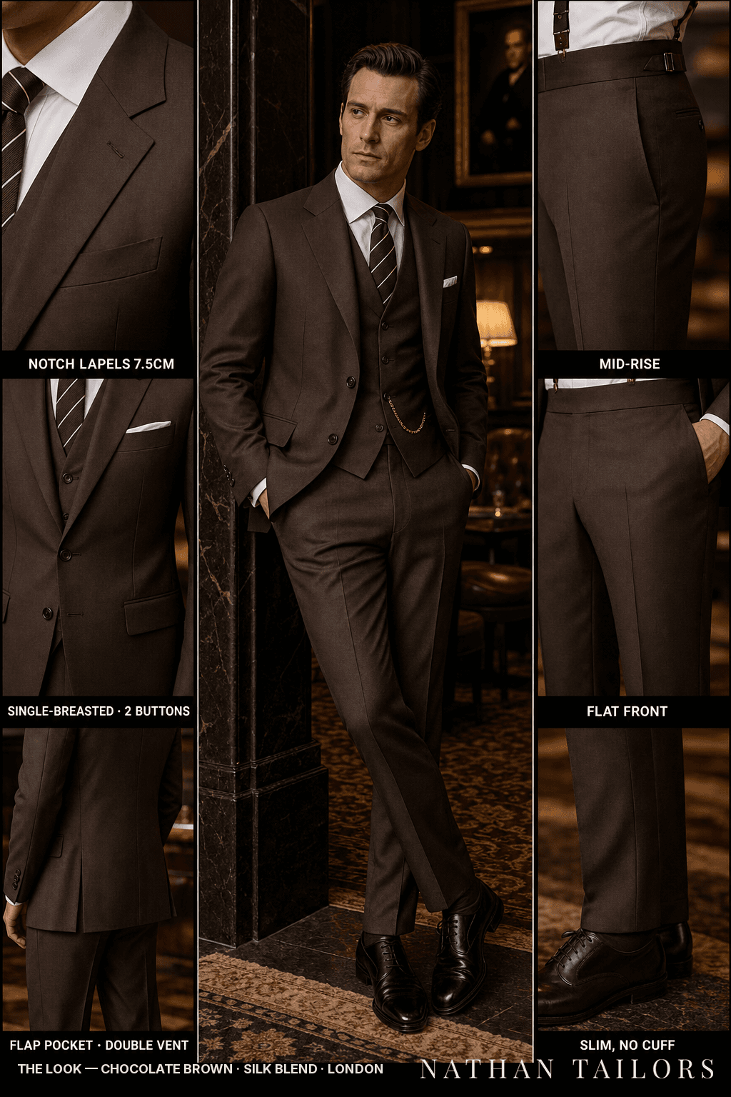 chocolate brown single-breasted bespoke suit — custom tailored by Nathan Tailors, the Hoi An custom tailor