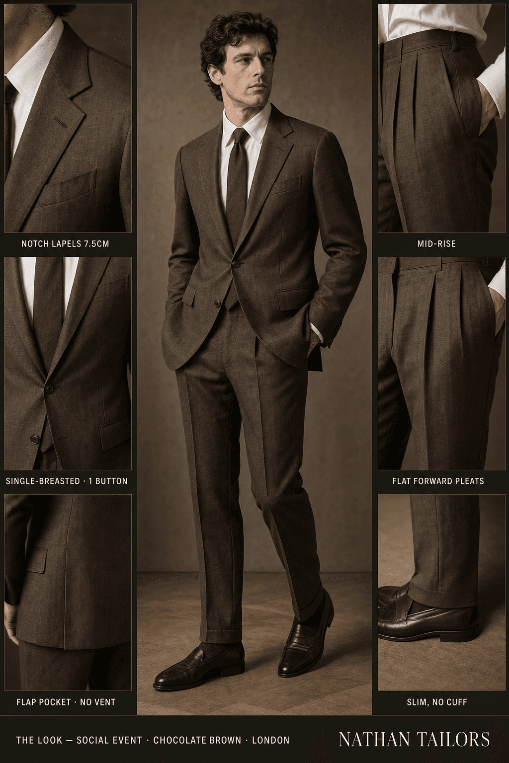 chocolate brown single-breasted notch-lapel bespoke suit — AI-rendered by Nathan Tailors, the Hoi An custom tailor. Available as a custom tailored suit from $129.