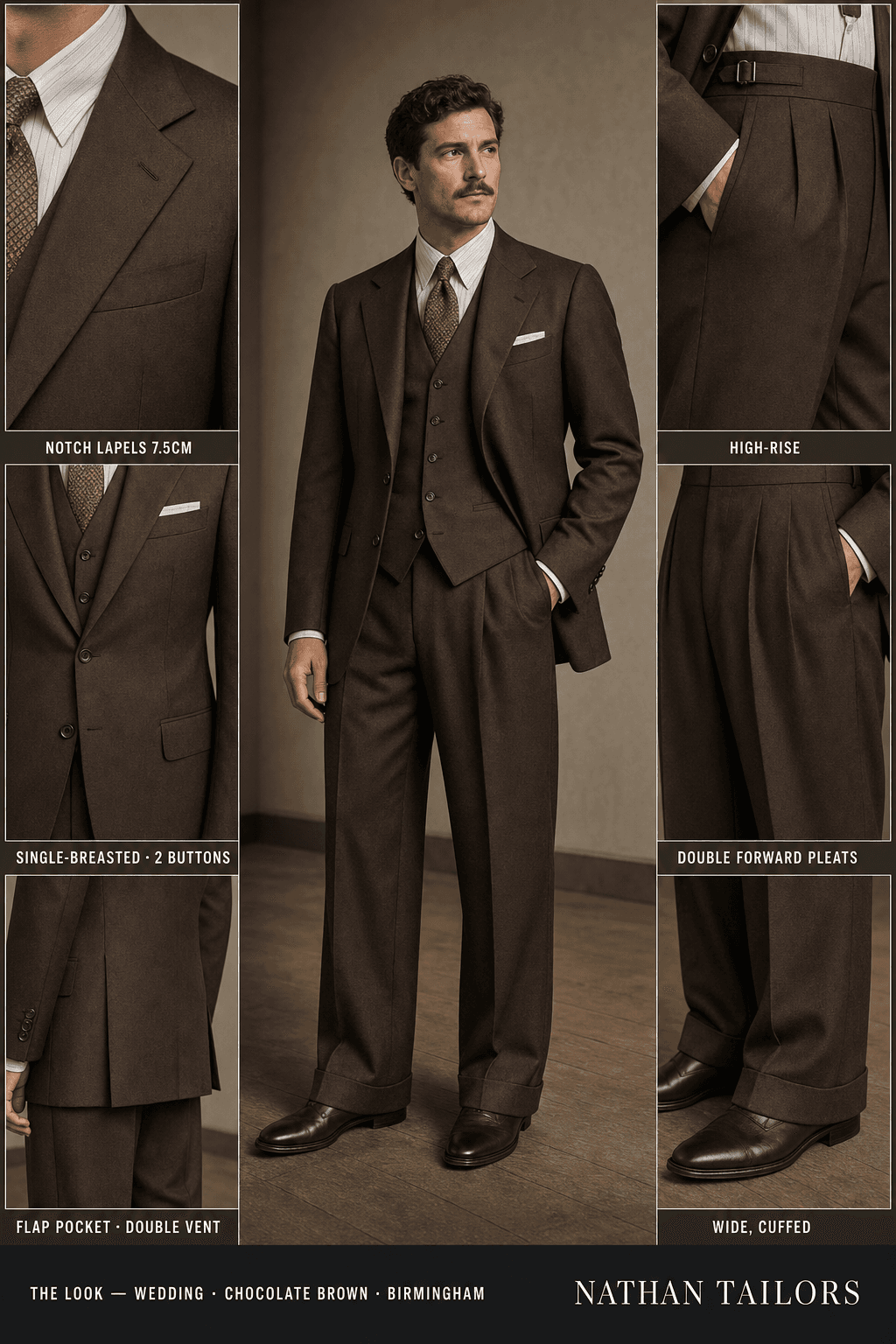 chocolate brown single-breasted notch-lapel bespoke suit — AI-rendered by Nathan Tailors, the Hoi An custom tailor. Available as a custom tailored suit from $129.