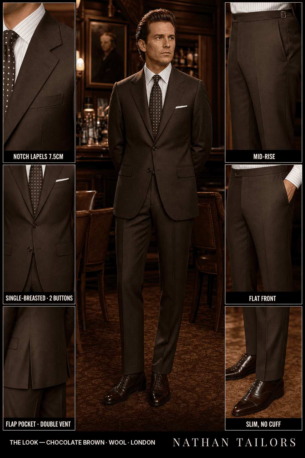 chocolate brown single-breasted bespoke suit — custom tailored by Nathan Tailors, the Hoi An custom tailor