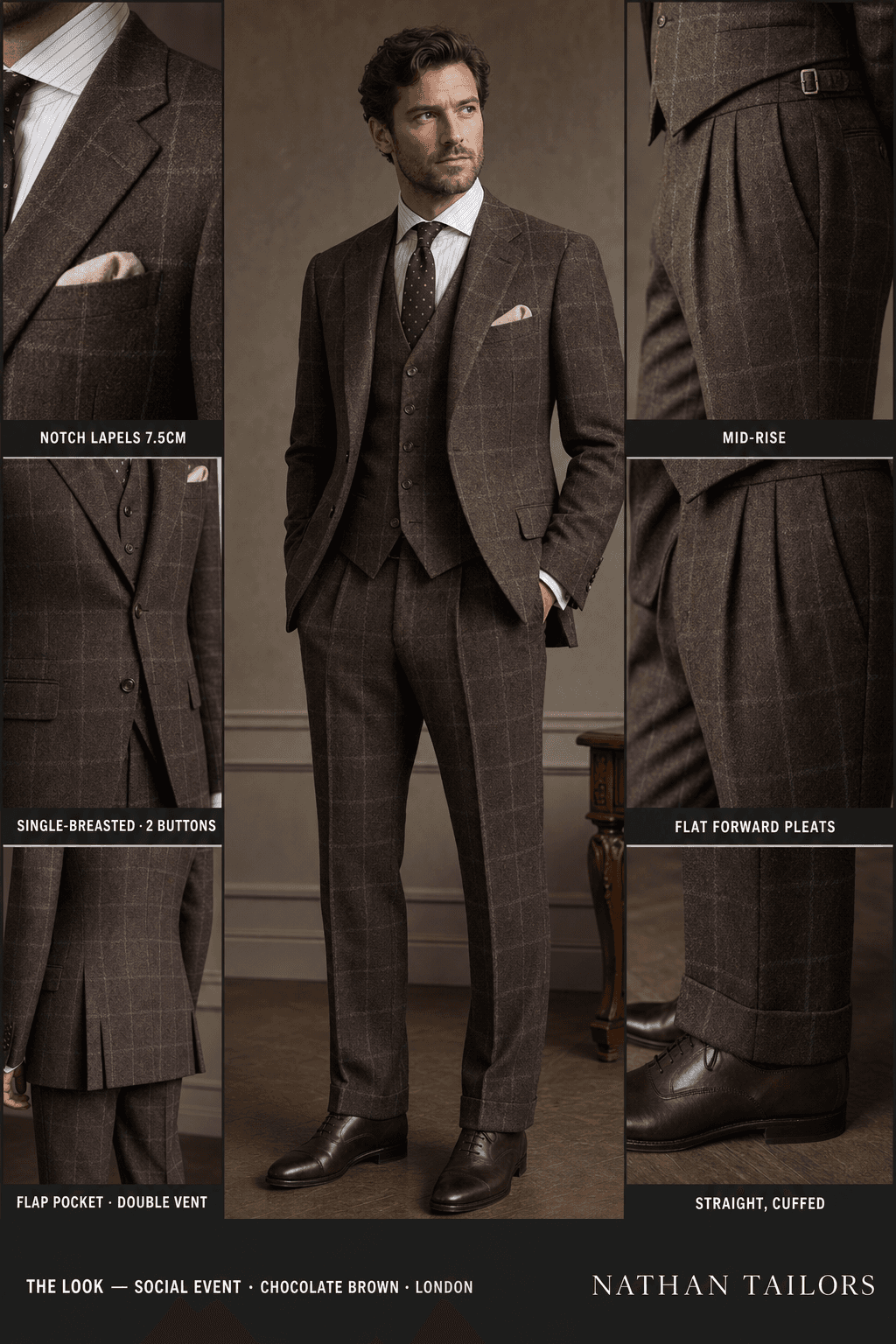 chocolate brown single-breasted bespoke suit — custom tailored by Nathan Tailors, the Hoi An custom tailor