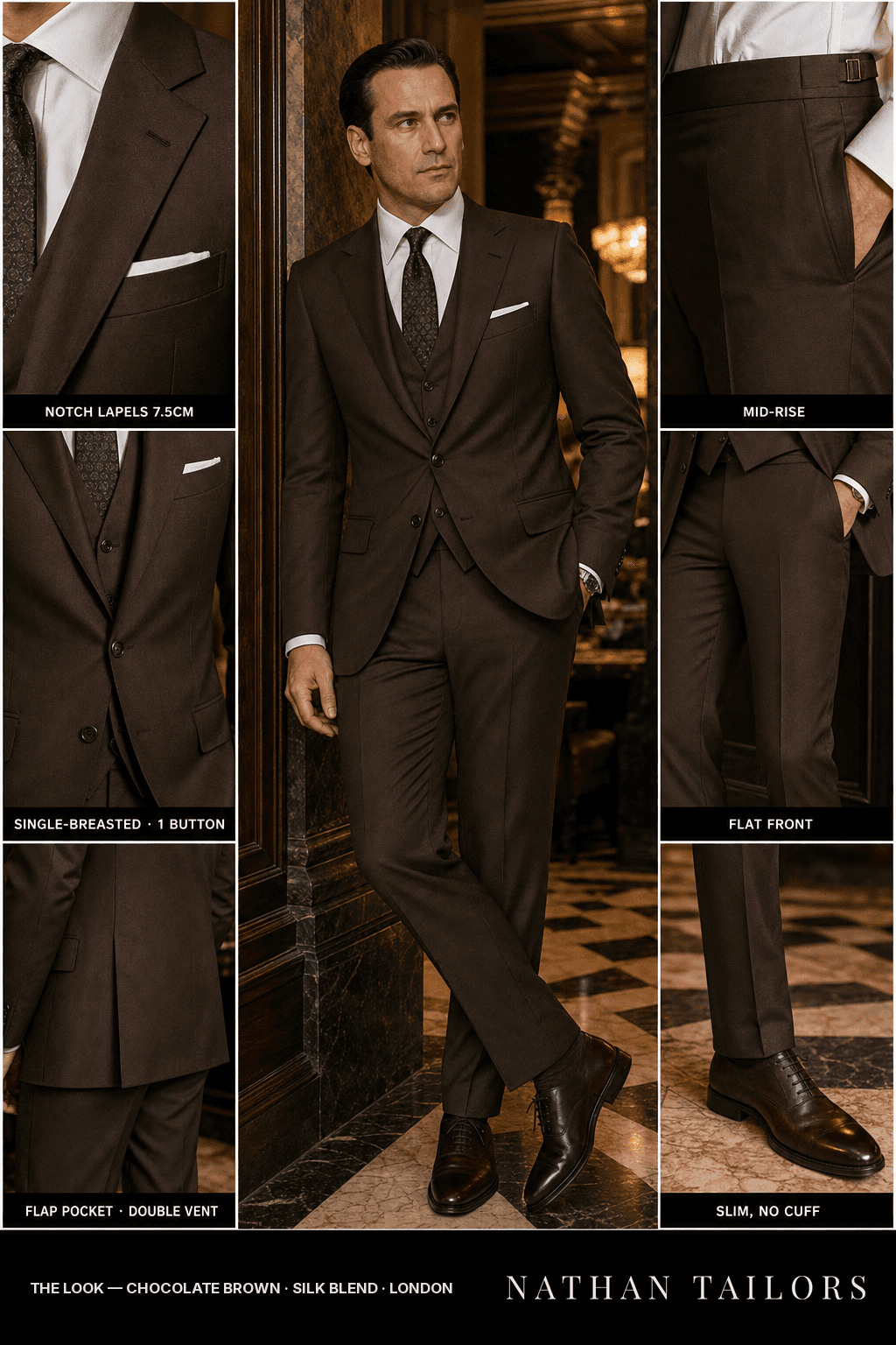 chocolate brown single-breasted bespoke suit — custom tailored by Nathan Tailors, the Hoi An custom tailor