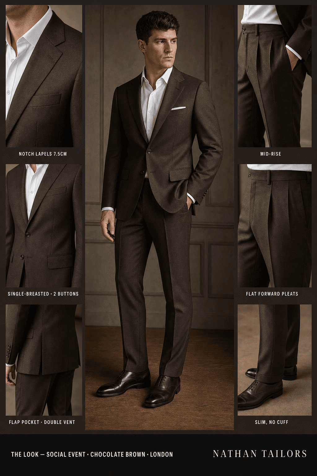 chocolate brown single-breasted notch-lapel bespoke suit — AI-rendered by Nathan Tailors, the Hoi An custom tailor. Available as a custom tailored suit from $129.
