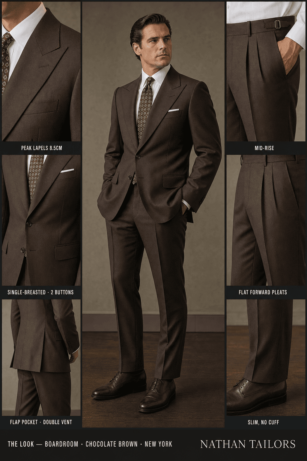 chocolate brown single-breasted peak-lapel bespoke suit — AI-rendered by Nathan Tailors, the Hoi An custom tailor. Available as a custom tailored suit from $129.