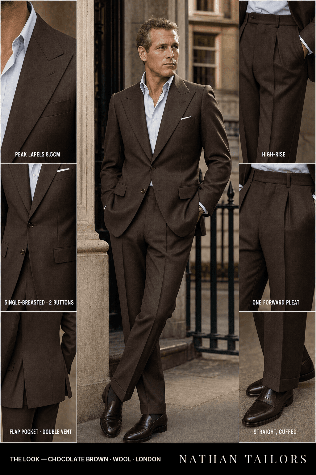 chocolate brown single-breasted bespoke suit — custom tailored by Nathan Tailors, the Hoi An custom tailor