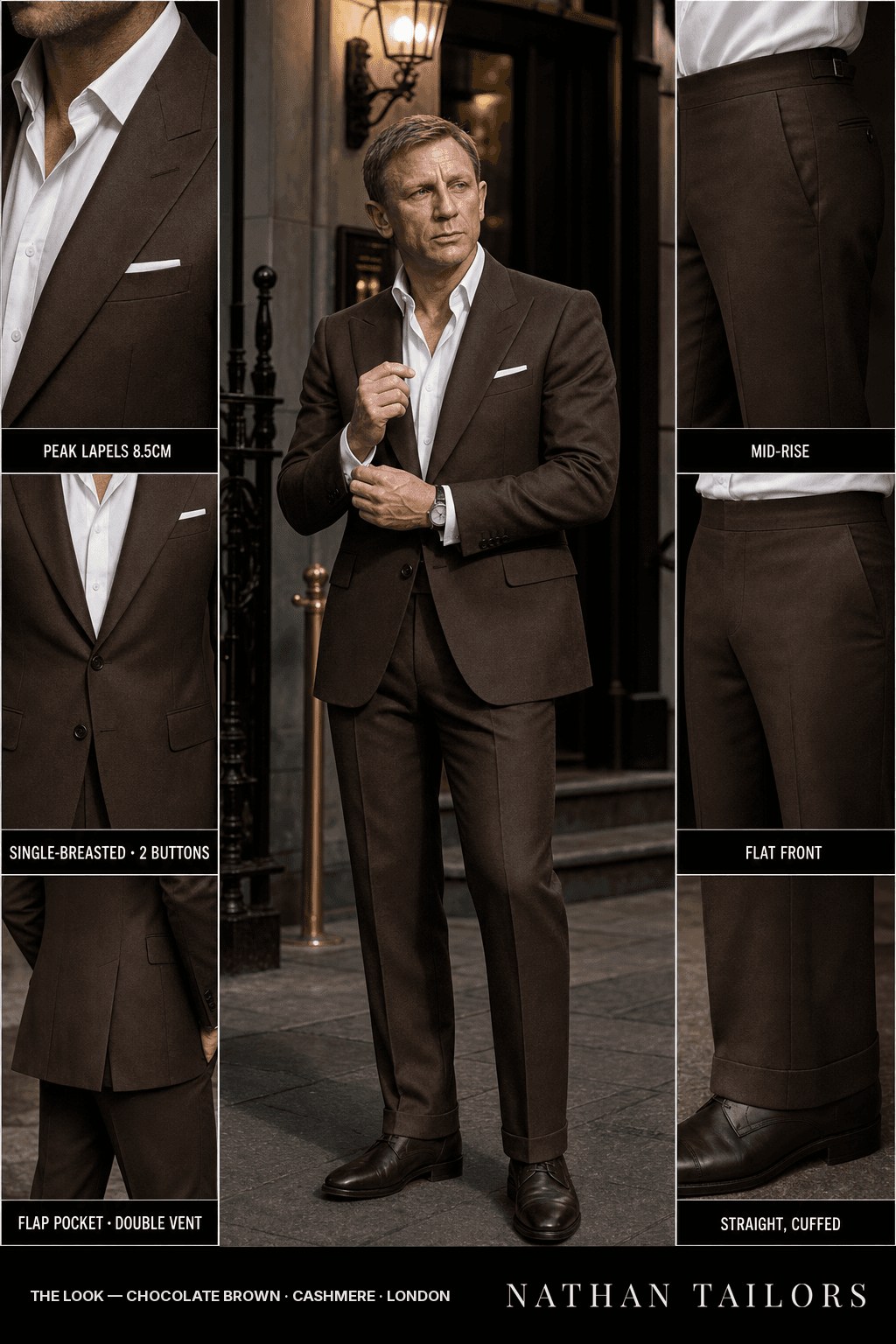 chocolate brown single-breasted peak-lapel bespoke suit — AI-rendered by Nathan Tailors, the Hoi An custom tailor. Available as a custom tailored suit from $149.