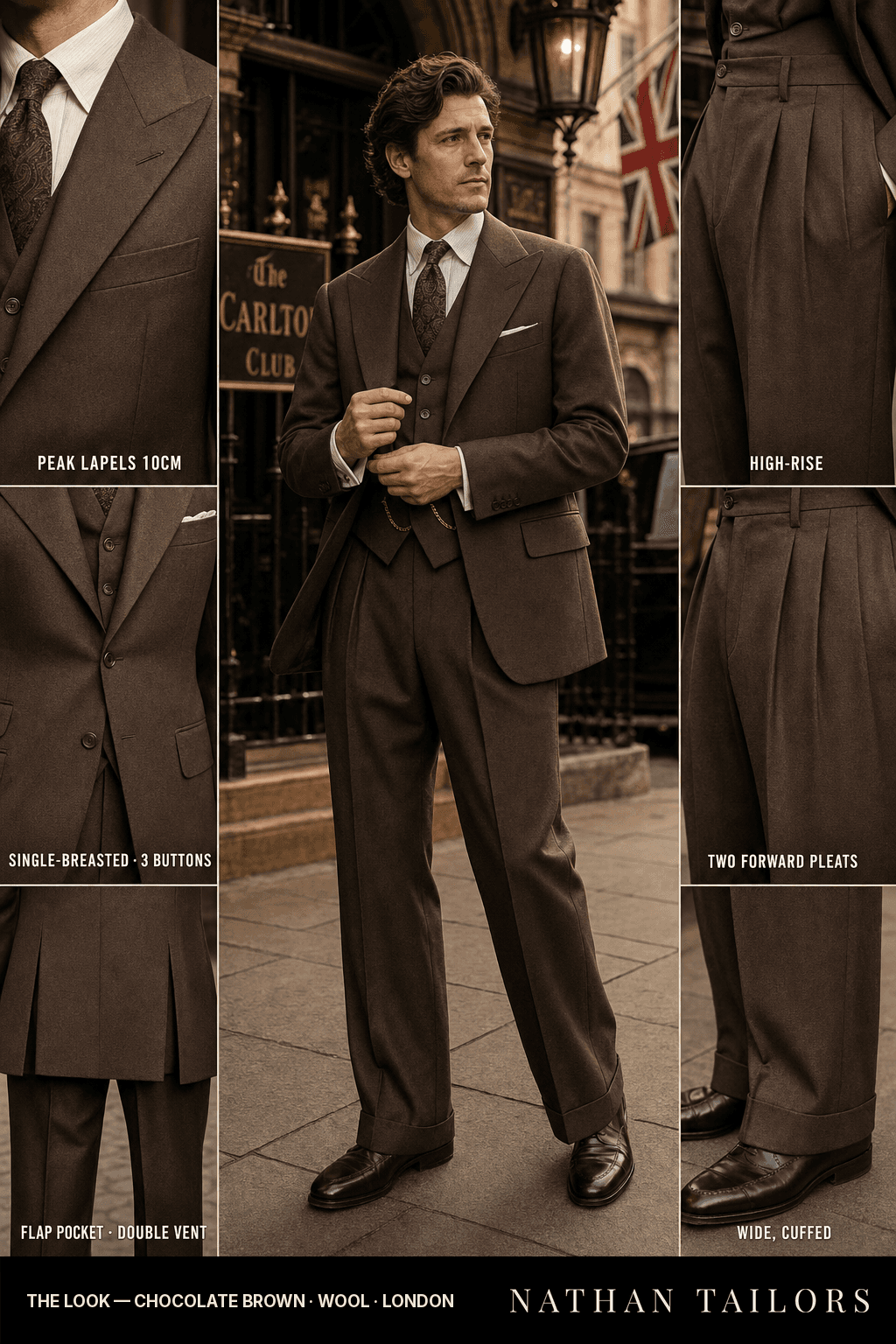 chocolate brown single-breasted peak-lapel bespoke suit — AI-rendered by Nathan Tailors, the Hoi An custom tailor. Available as a custom tailored suit from $149.
