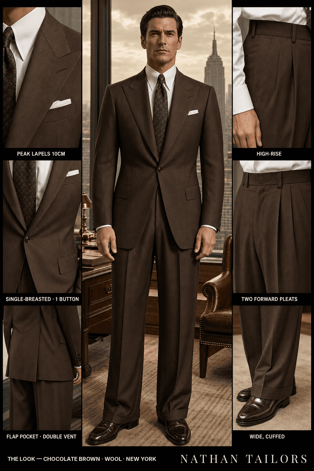 chocolate brown single-breasted peak-lapel bespoke suit — AI-rendered by Nathan Tailors, the Hoi An custom tailor. Available as a custom tailored suit from $149.