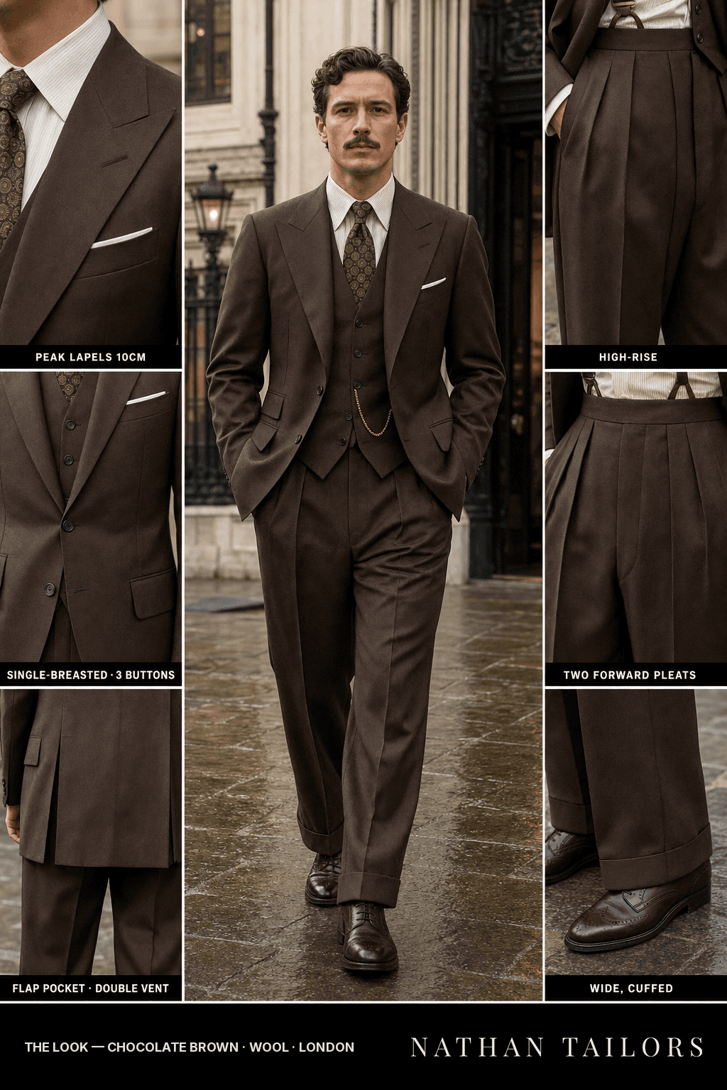 chocolate brown single-breasted peak-lapel bespoke suit — AI-rendered by Nathan Tailors, the Hoi An custom tailor. Available as a custom tailored suit from $149.