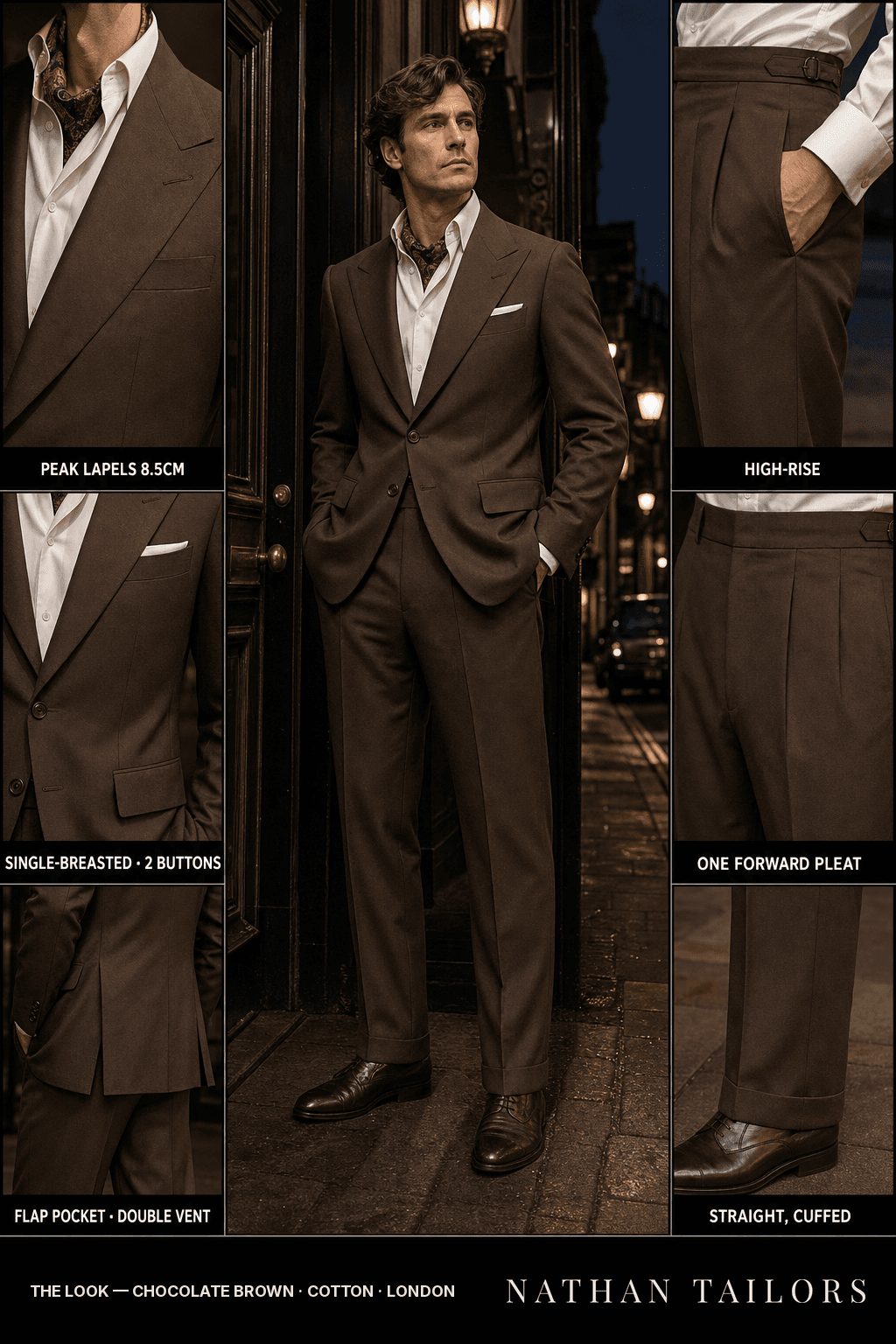 chocolate brown single-breasted bespoke suit — custom tailored by Nathan Tailors, the Hoi An custom tailor