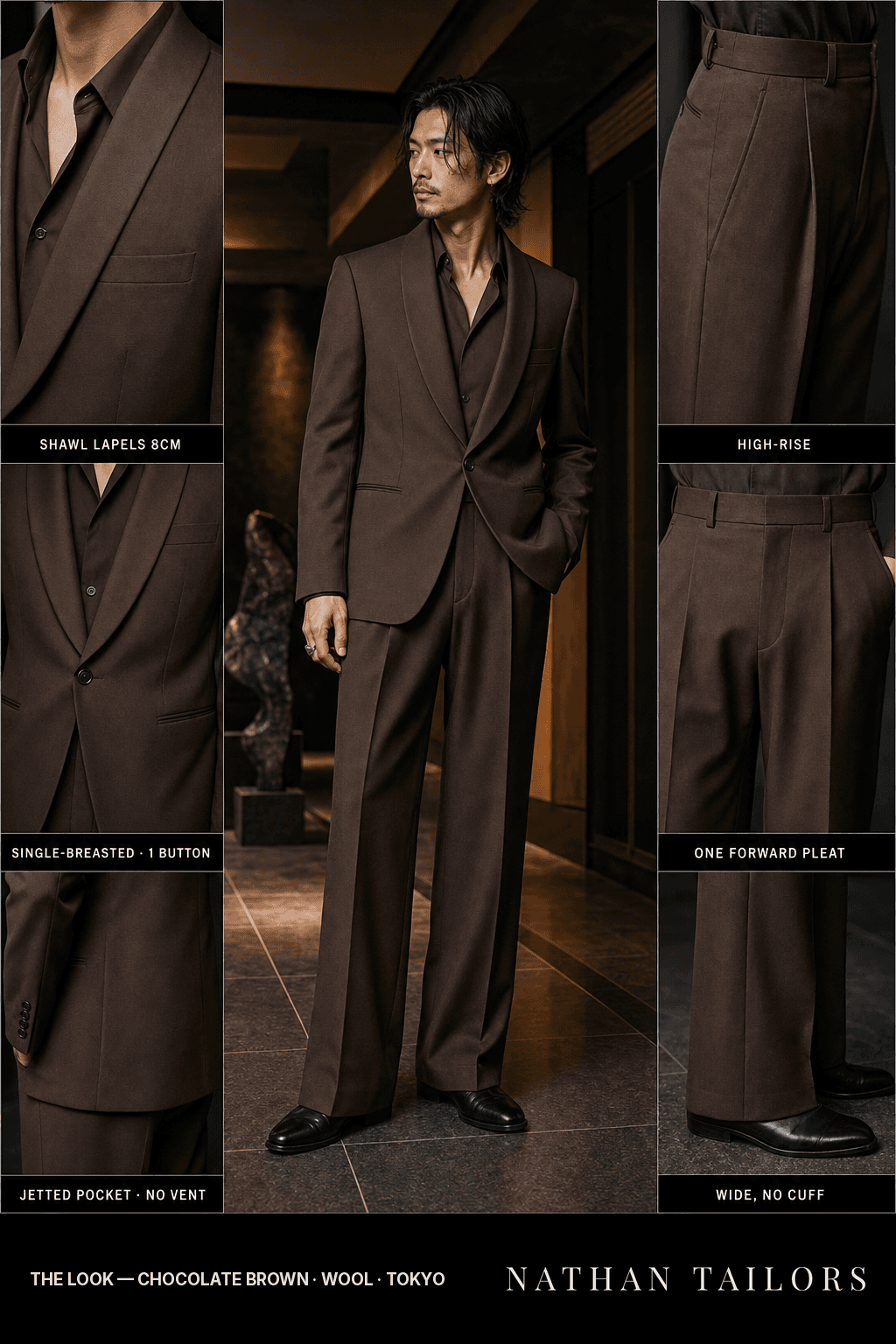 chocolate brown single-breasted bespoke suit — custom tailored by Nathan Tailors, the Hoi An custom tailor