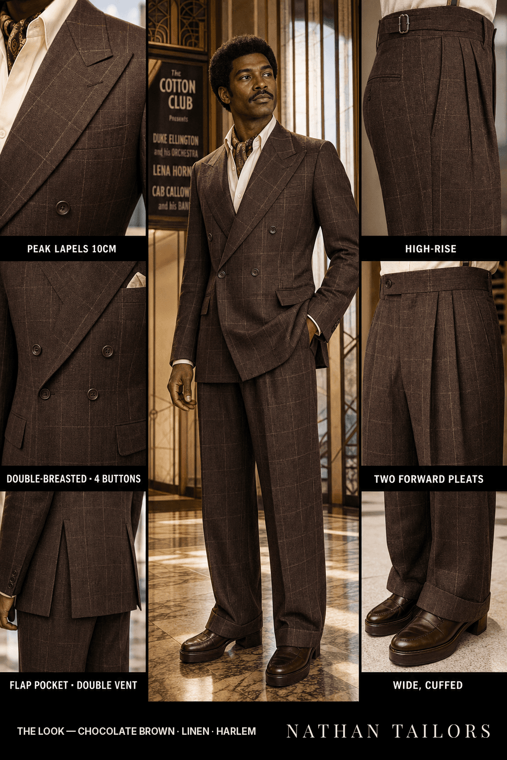 chocolate brown windowpane double-breasted bespoke suit — custom tailored by Nathan Tailors, the Hoi An custom tailor