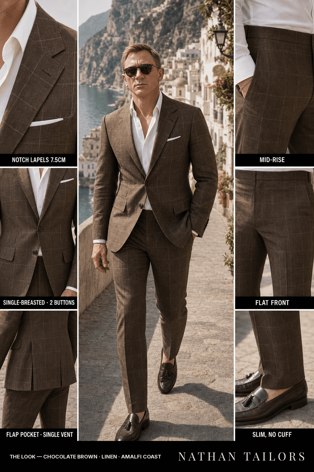 chocolate brown windowpane single-breasted bespoke suit — custom tailored by Nathan Tailors, the Hoi An custom tailor