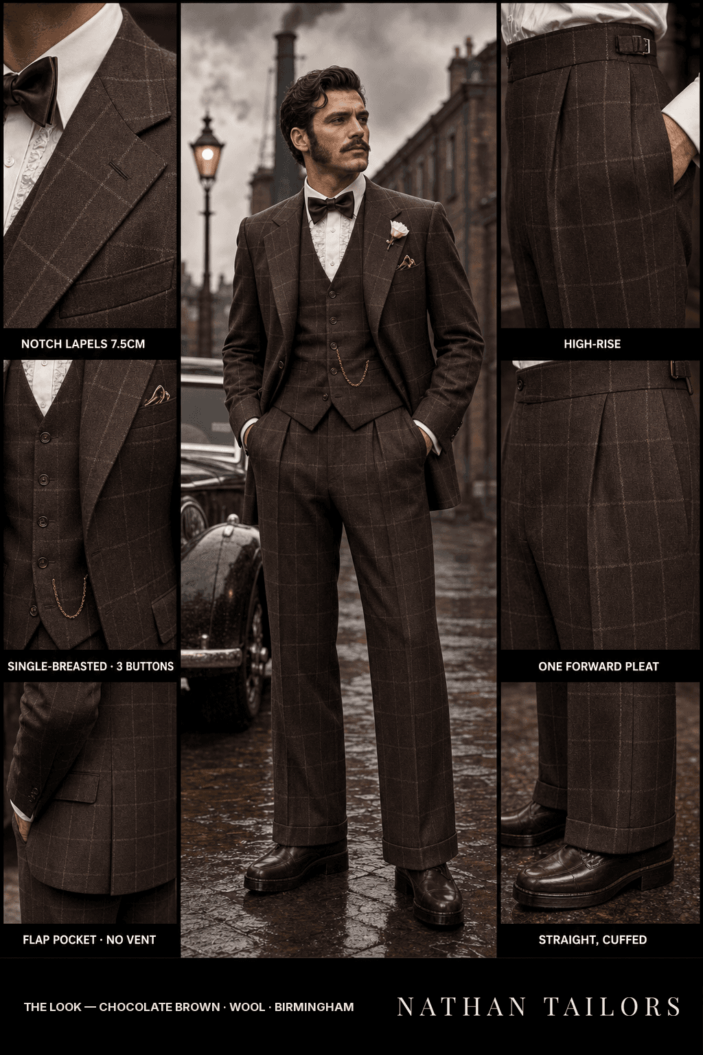 chocolate brown windowpane single-breasted bespoke suit — custom tailored by Nathan Tailors, the Hoi An custom tailor