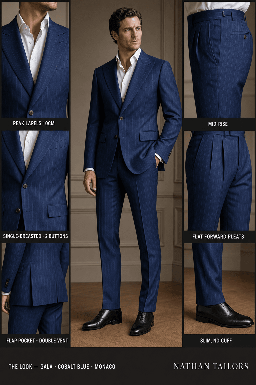 cobalt blue chalk stripe single-breasted peak-lapel bespoke suit — AI-rendered by Nathan Tailors, the Hoi An custom tailor. Available as a custom tailored suit from $129.