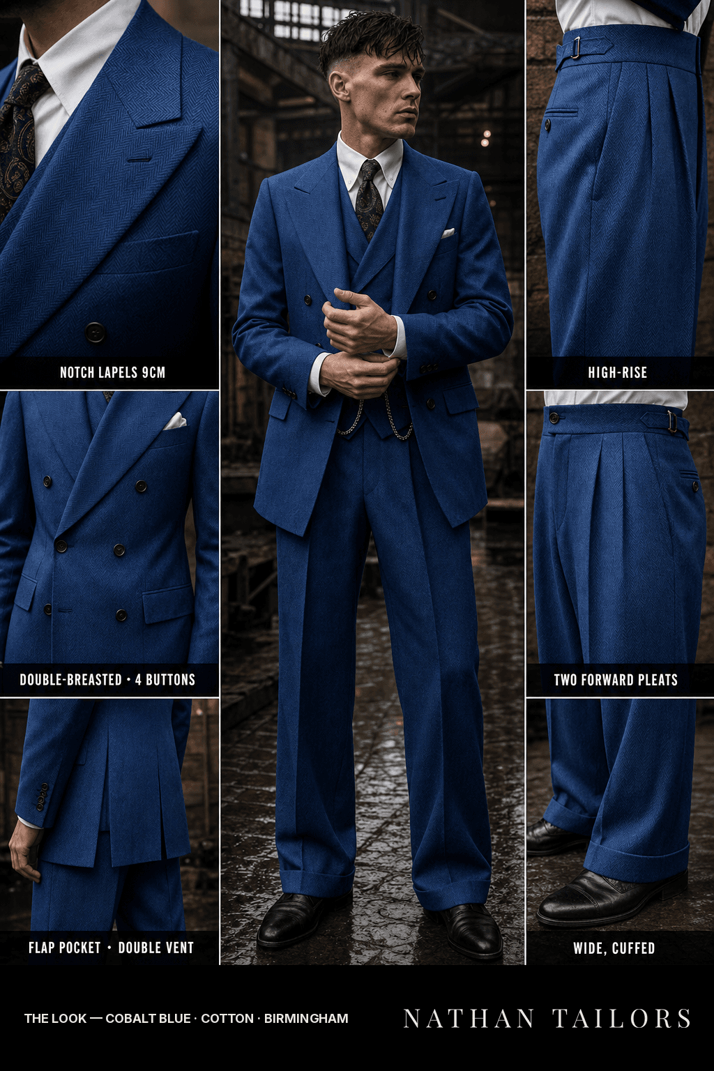 cobalt blue herringbone double-breasted bespoke suit — custom tailored by Nathan Tailors, the Hoi An custom tailor