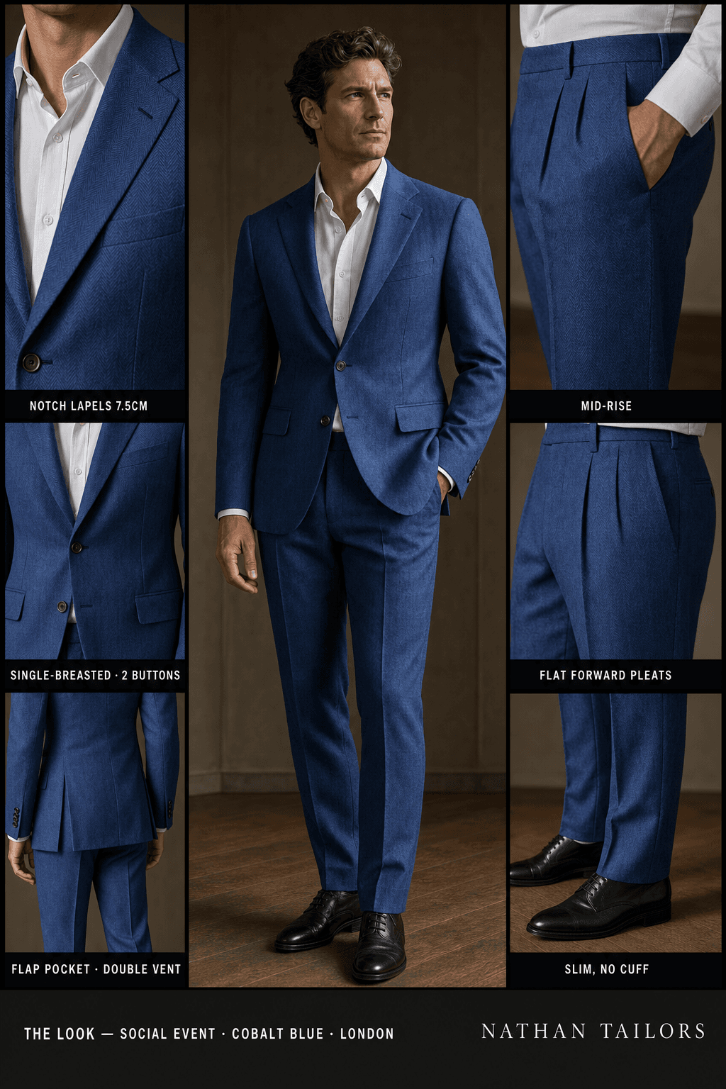 cobalt blue herringbone single-breasted notch-lapel bespoke suit — AI-rendered by Nathan Tailors, the Hoi An custom tailor. Available as a custom tailored suit from $129.
