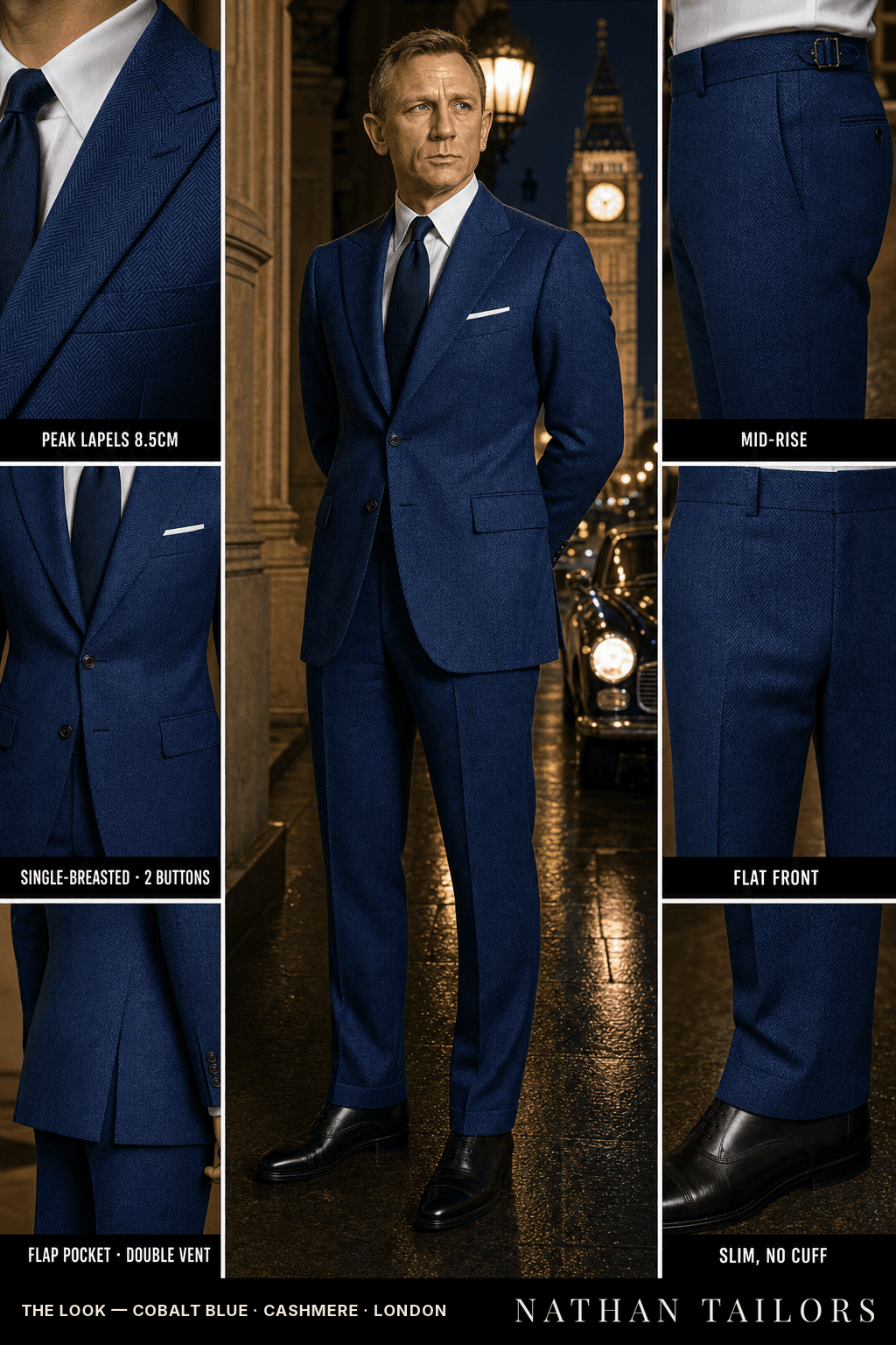 cobalt blue herringbone single-breasted bespoke suit — custom tailored by Nathan Tailors, the Hoi An custom tailor