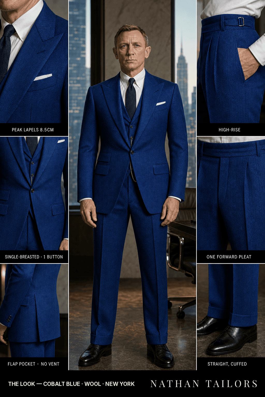 cobalt blue herringbone single-breasted bespoke suit — custom tailored by Nathan Tailors, the Hoi An custom tailor