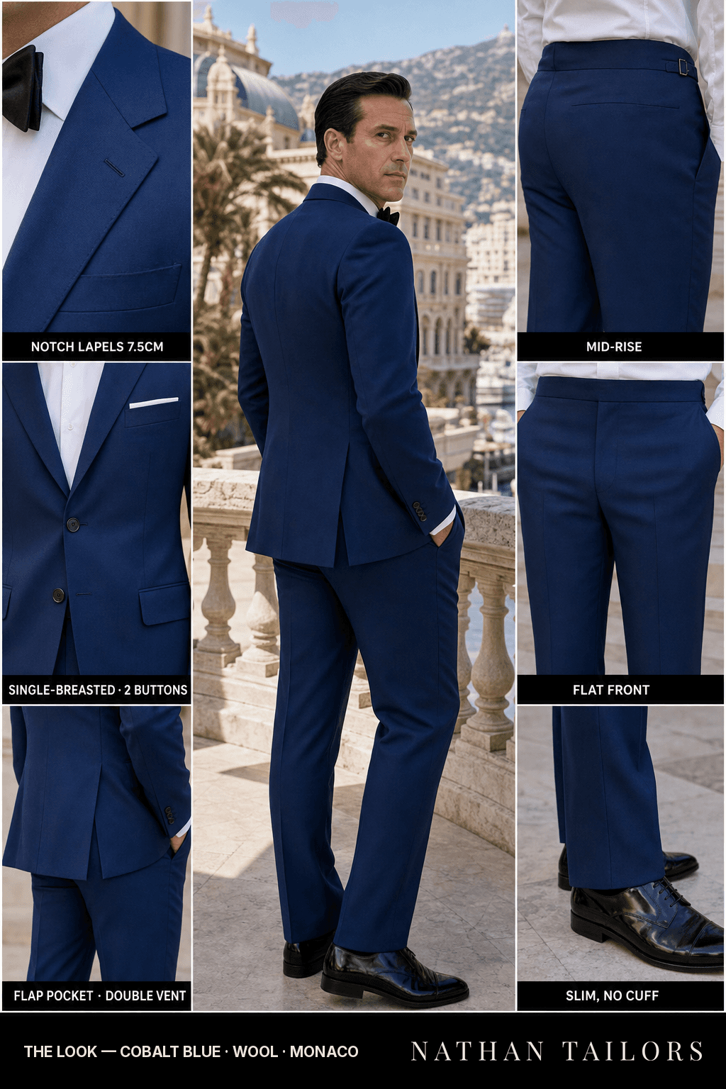 cobalt blue single-breasted notch-lapel bespoke suit — AI-rendered by Nathan Tailors, the Hoi An custom tailor. Available as a custom tailored suit from $149.