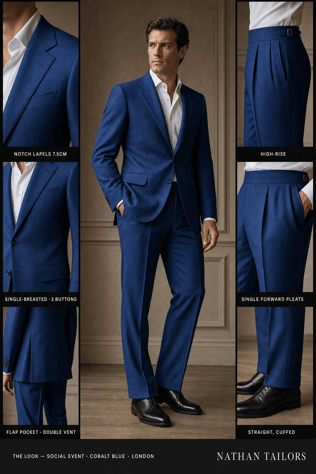 cobalt blue single-breasted notch-lapel bespoke suit — AI-rendered by Nathan Tailors, the Hoi An custom tailor. Available as a custom tailored suit from $129.