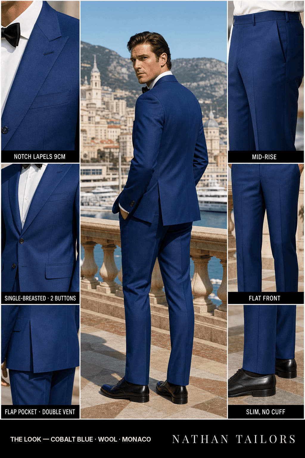 cobalt blue single-breasted notch-lapel bespoke suit — AI-rendered by Nathan Tailors, the Hoi An custom tailor. Available as a custom tailored suit from $149.