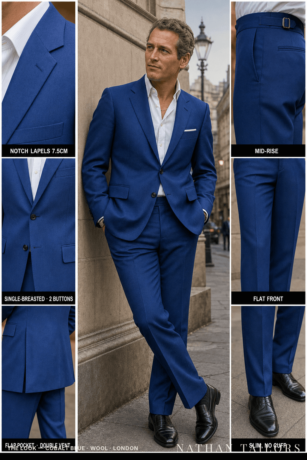cobalt blue single-breasted notch-lapel bespoke suit — AI-rendered by Nathan Tailors, the Hoi An custom tailor. Available as a custom tailored suit from $149.