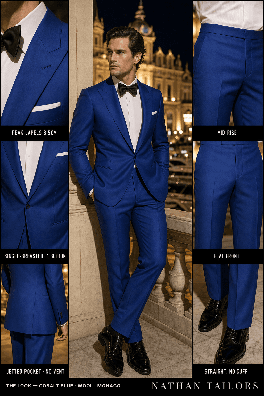 cobalt blue single-breasted peak-lapel bespoke suit — AI-rendered by Nathan Tailors, the Hoi An custom tailor. Available as a custom tailored suit from $149.
