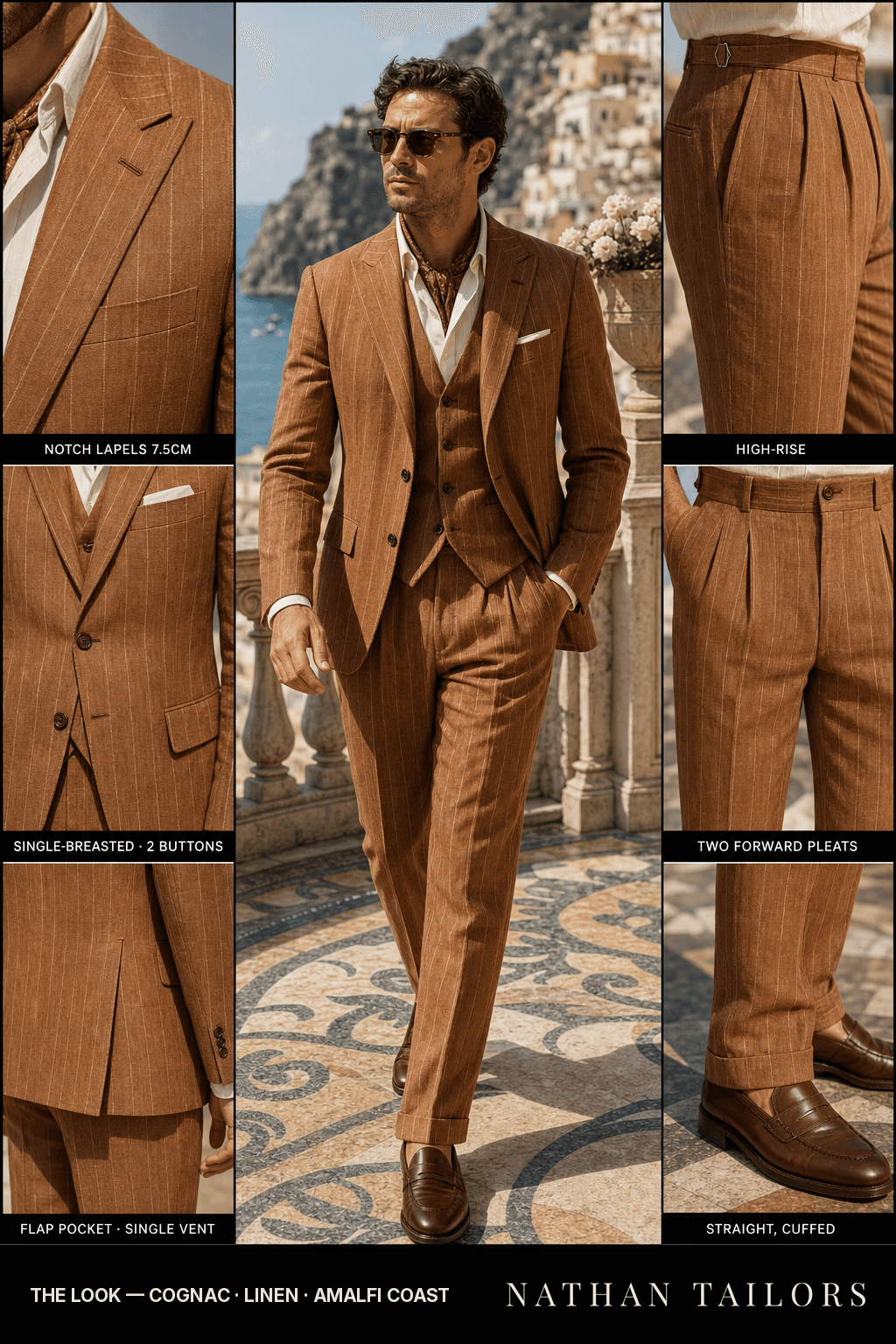 cognac single-breasted suit — Nathan Tailors Hoi An tailor Atelier render