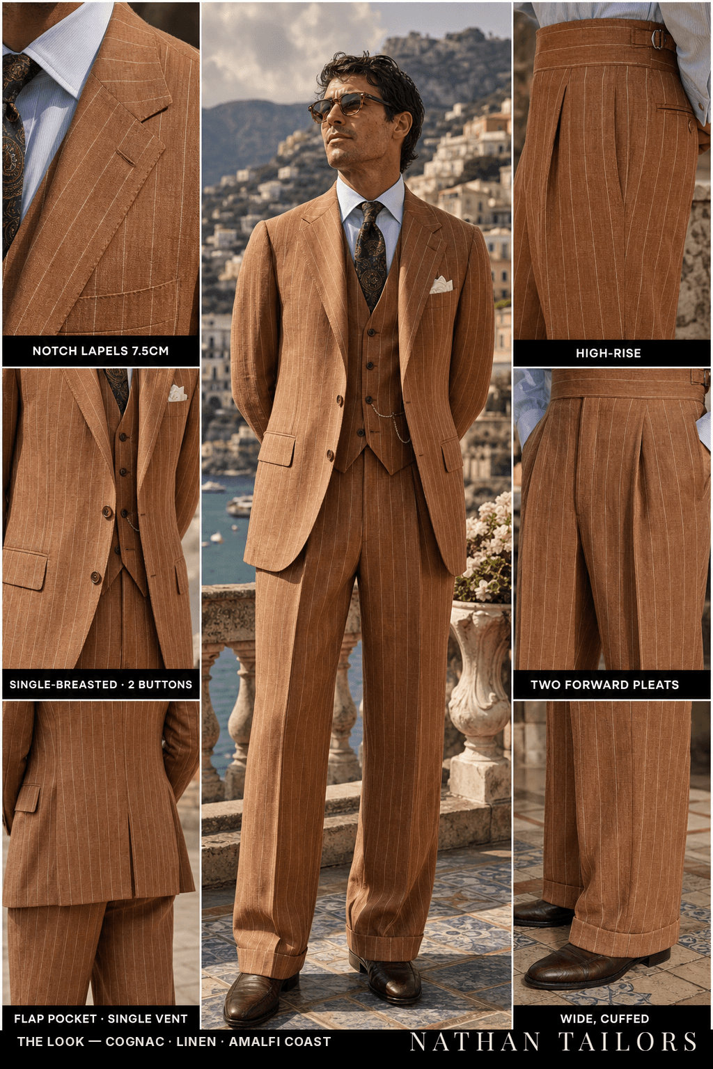 cognac single-breasted suit — Nathan Tailors Hoi An tailor Atelier render