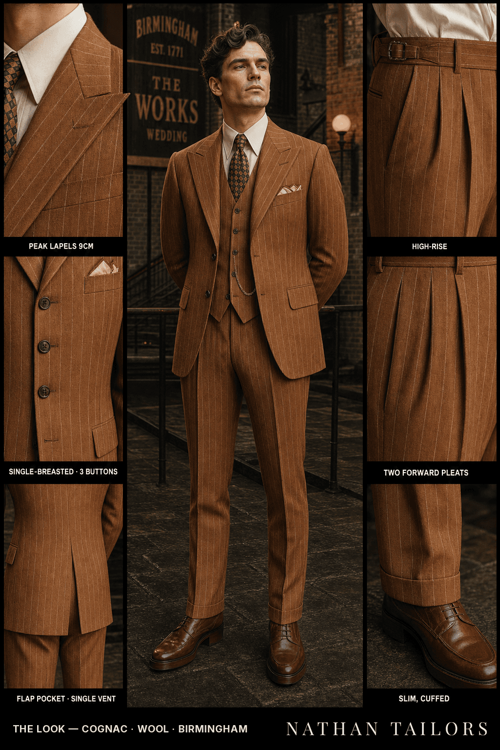cognac chalk stripe single-breasted peak-lapel bespoke suit — AI-rendered by Nathan Tailors, the Hoi An custom tailor. Available as a custom tailored suit from $149.