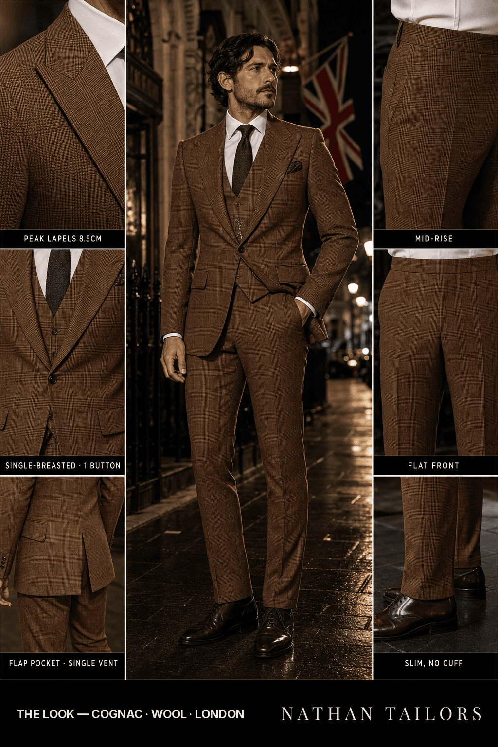 cognac glen plaid single-breasted peak-lapel bespoke suit — AI-rendered by Nathan Tailors, the Hoi An custom tailor. Available as a custom tailored suit from $149.