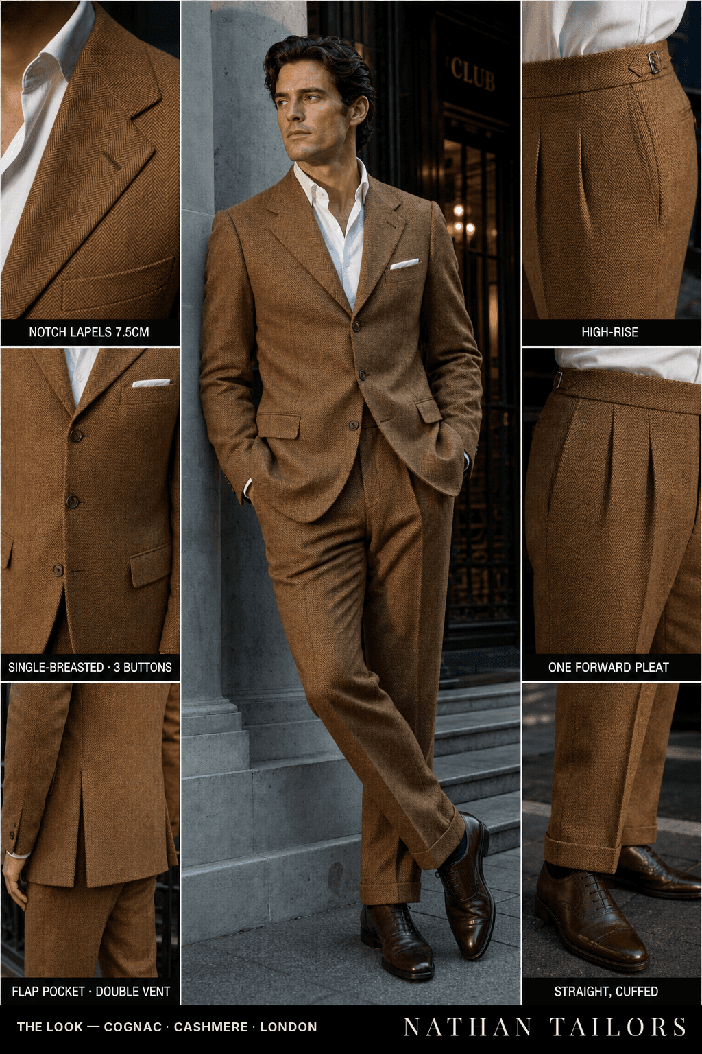 cognac herringbone single-breasted notch-lapel bespoke suit — AI-rendered by Nathan Tailors, the Hoi An custom tailor. Available as a custom tailored suit from $149.