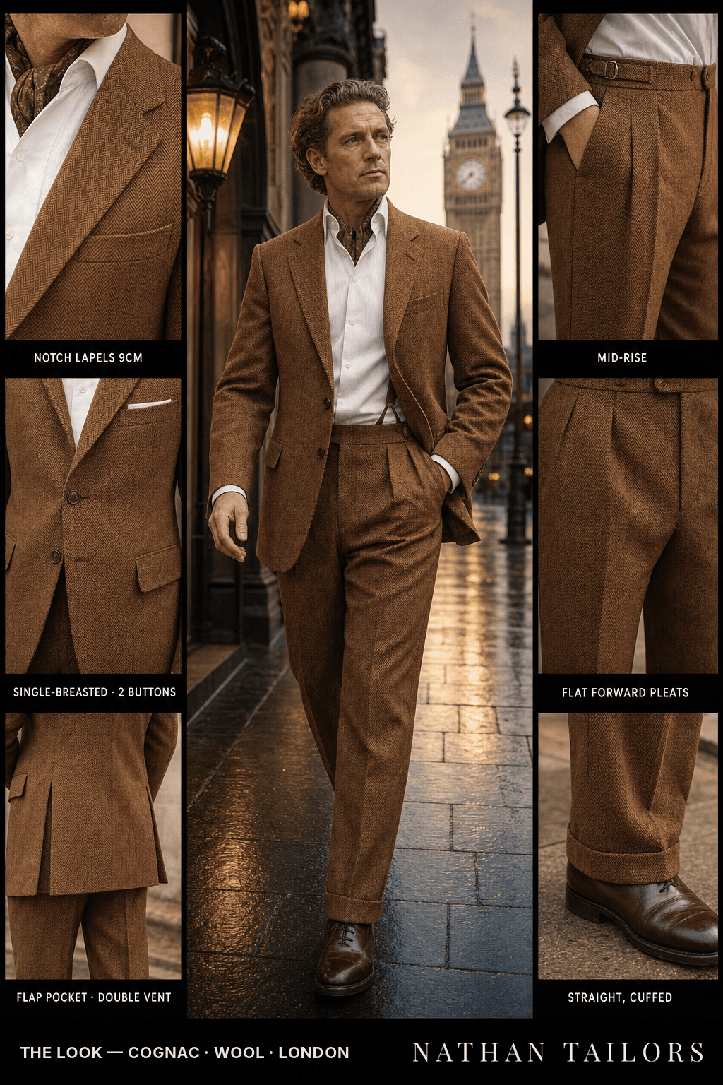 cognac herringbone single-breasted bespoke suit — custom tailored by Nathan Tailors, the Hoi An custom tailor