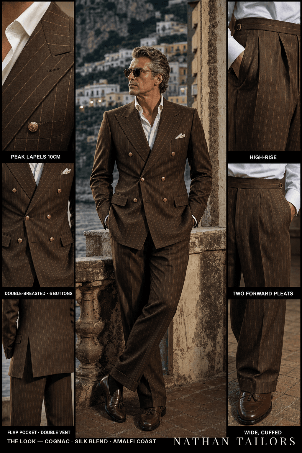 cognac pinstripe double-breasted bespoke suit — custom tailored by Nathan Tailors, the Hoi An custom tailor