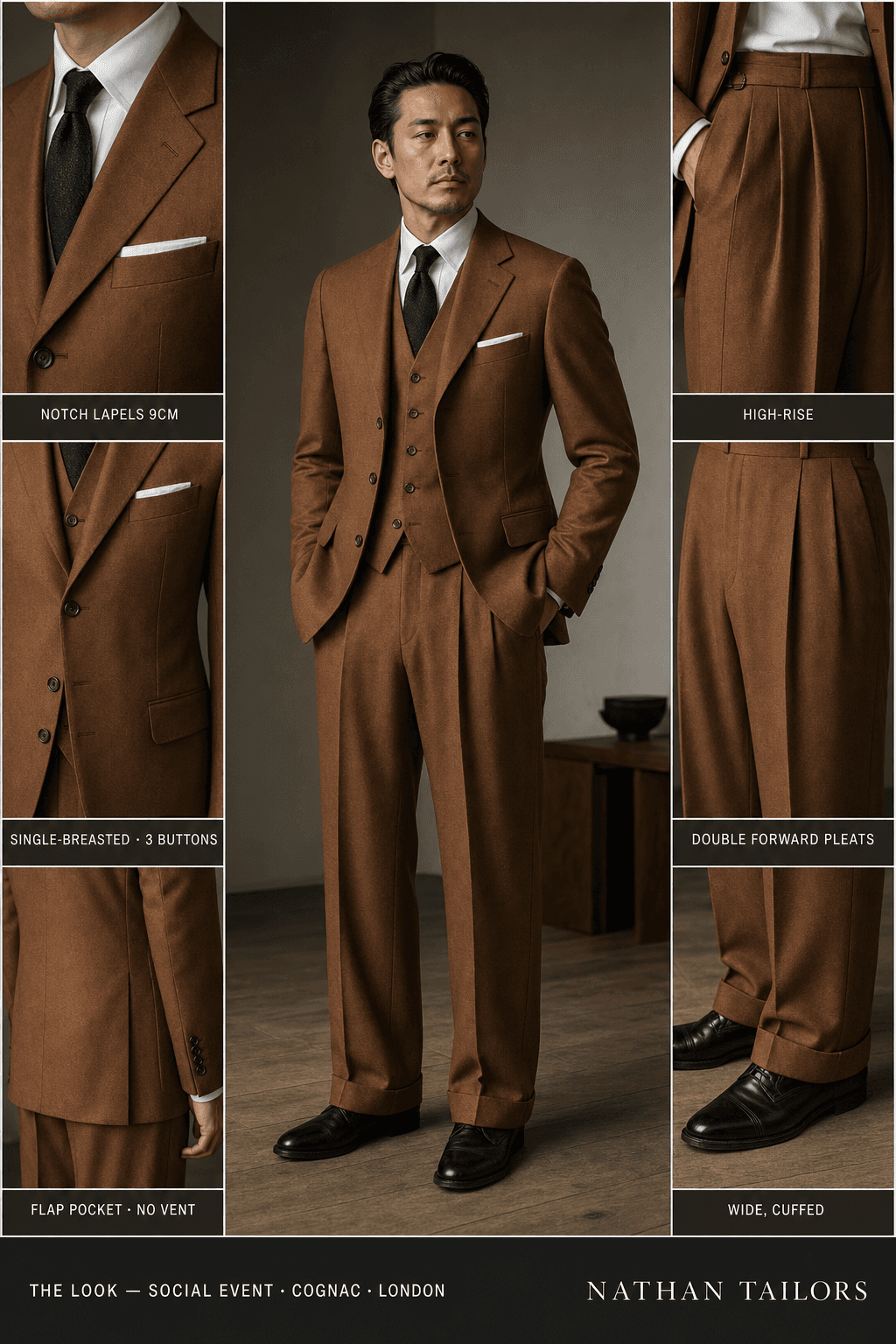 cognac single-breasted notch-lapel bespoke suit — AI-rendered by Nathan Tailors, the Hoi An custom tailor. Available as a custom tailored suit from $129.