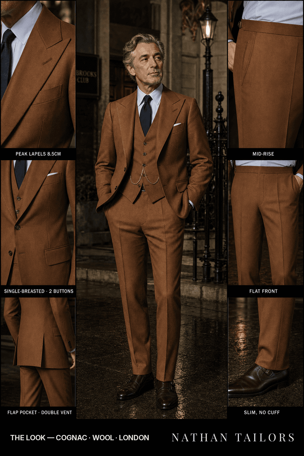 cognac single-breasted peak-lapel bespoke suit — AI-rendered by Nathan Tailors, the Hoi An custom tailor. Available as a custom tailored suit from $149.