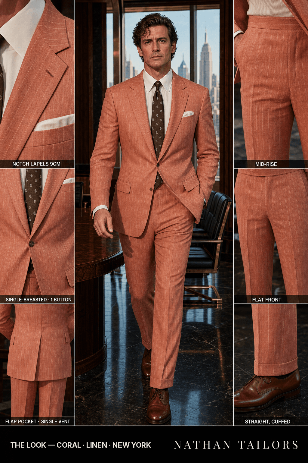 coral pinstripe single-breasted notch-lapel bespoke suit — AI-rendered by Nathan Tailors, the Hoi An custom tailor. Available as a custom tailored suit from $149.