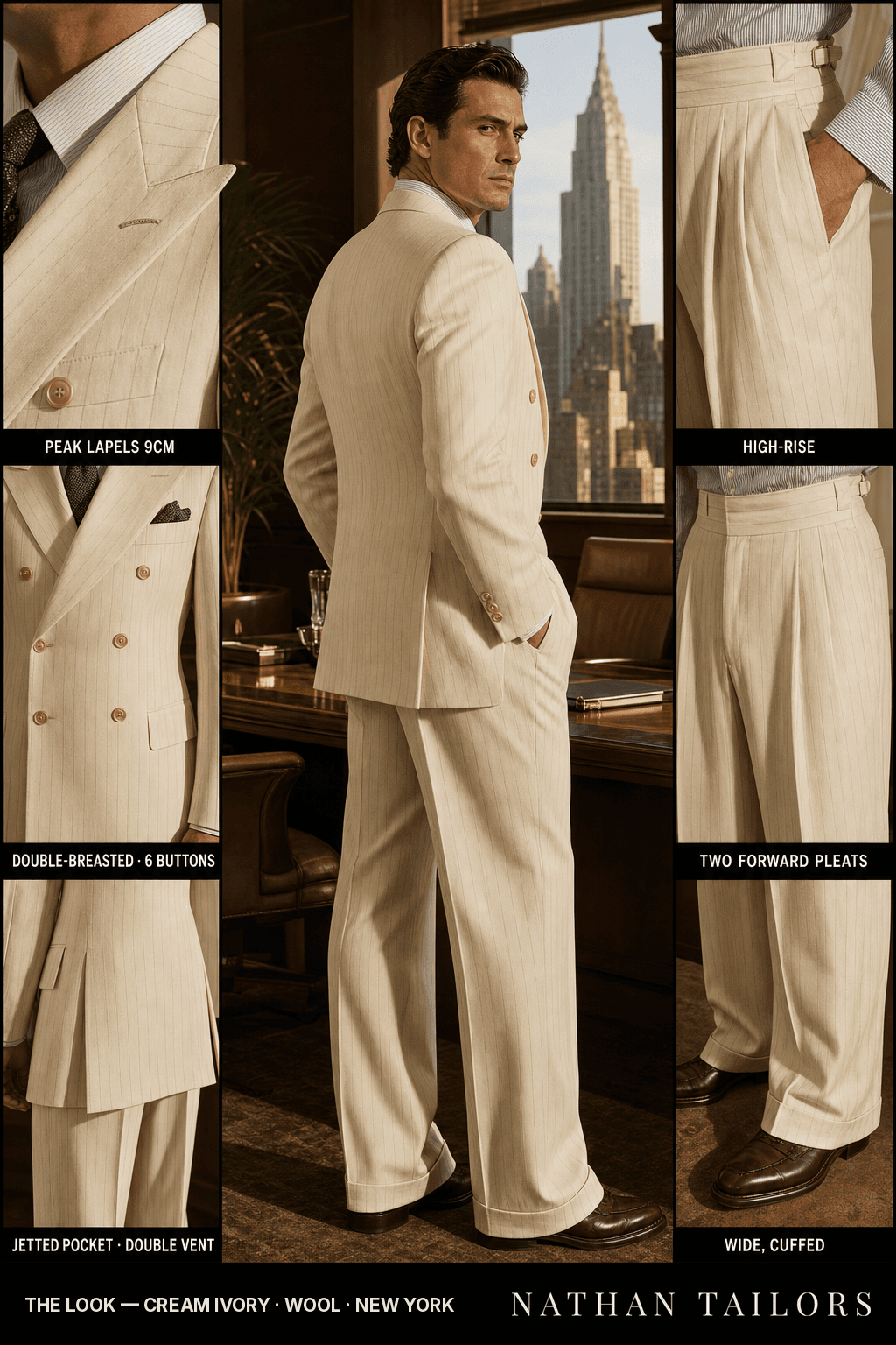 cream ivory chalk stripe double-breasted peak-lapel bespoke suit — AI-rendered by Nathan Tailors, the Hoi An custom tailor. Available as a custom tailored suit from $149.