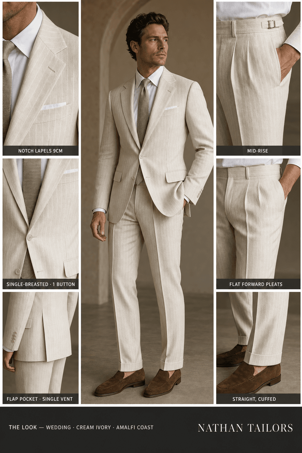 cream ivory chalk stripe single-breasted notch-lapel bespoke suit — AI-rendered by Nathan Tailors, the Hoi An custom tailor. Available as a custom tailored suit from $129.