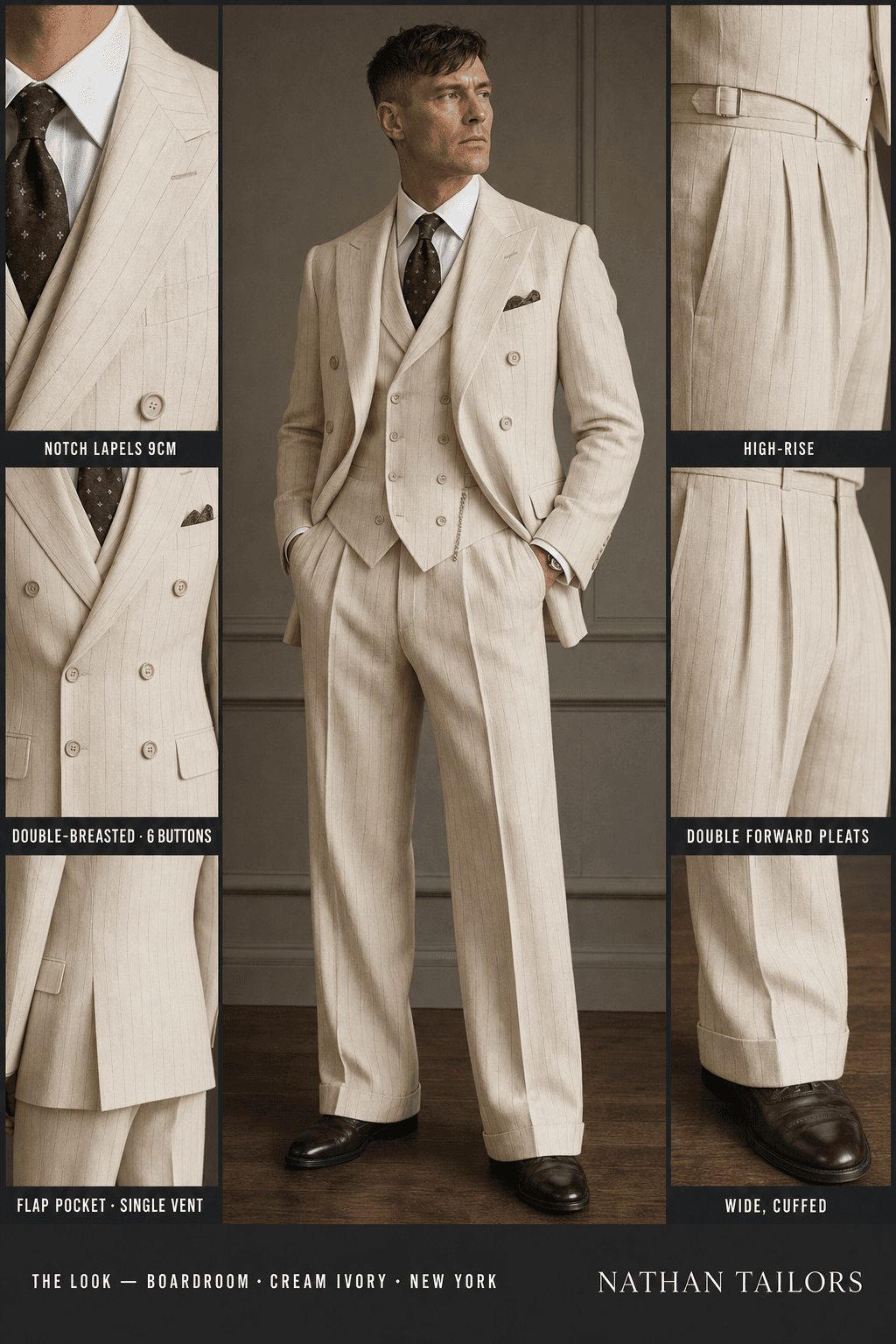 cream ivory pinstripe double-breasted notch-lapel bespoke suit — AI-rendered by Nathan Tailors, the Hoi An custom tailor. Available as a custom tailored suit from $129.